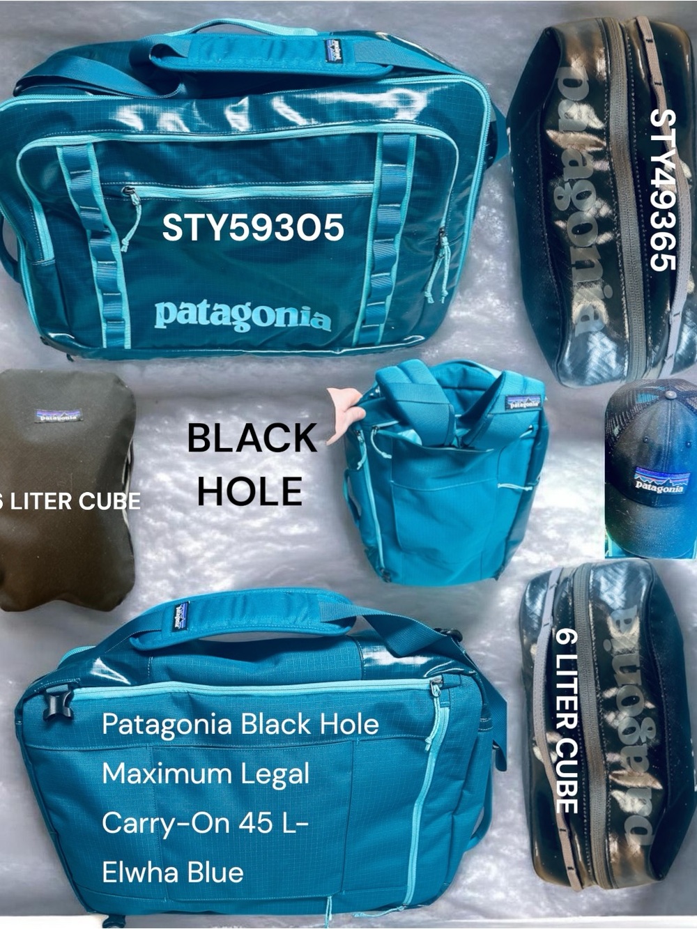 NWOT Patagonia Rare Elwha Blue 45L MLC, Discontinued Black 6L Cube & NetPlus Hat